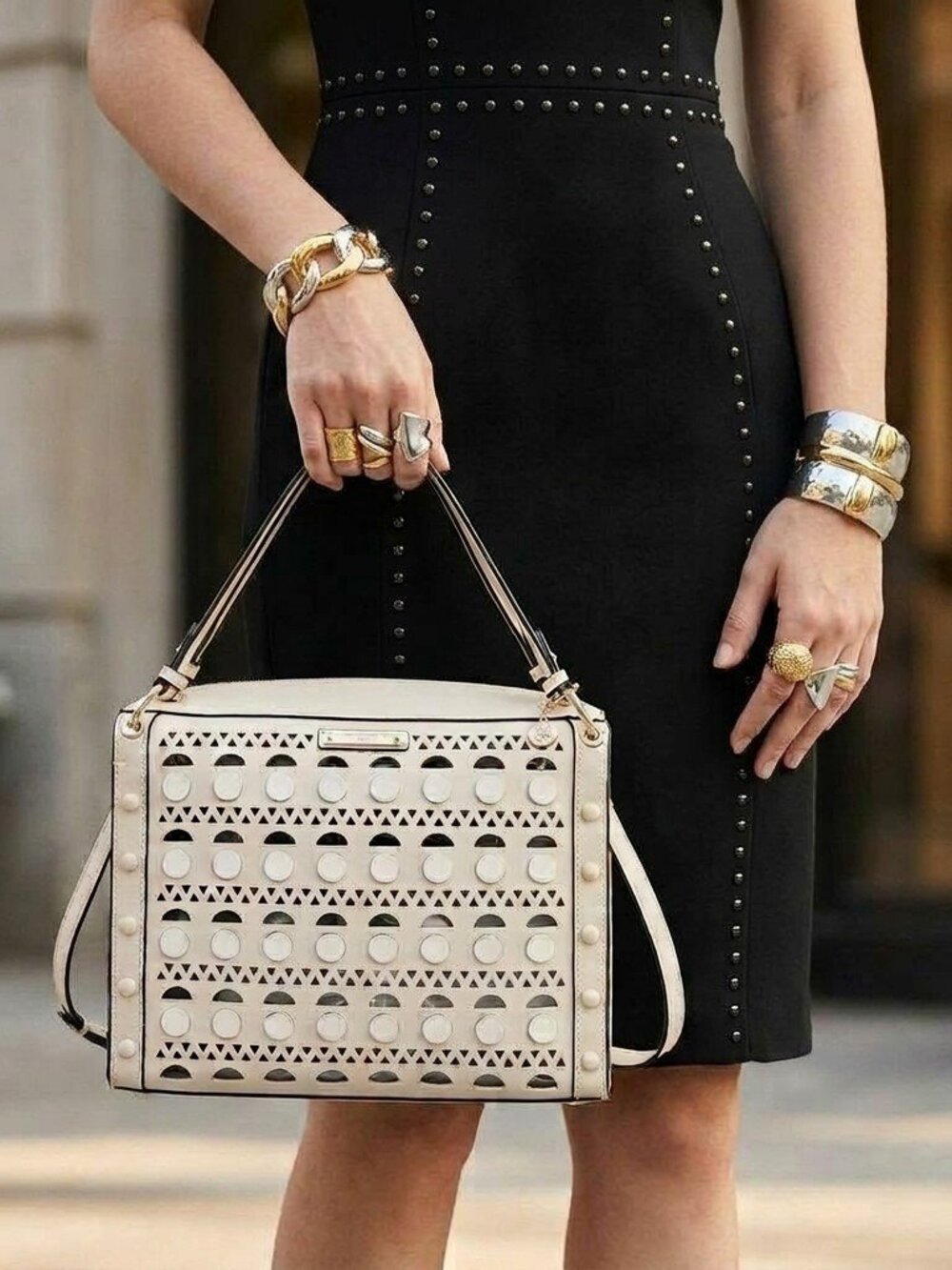 Beige Silver Pop Stud Satchel Bag